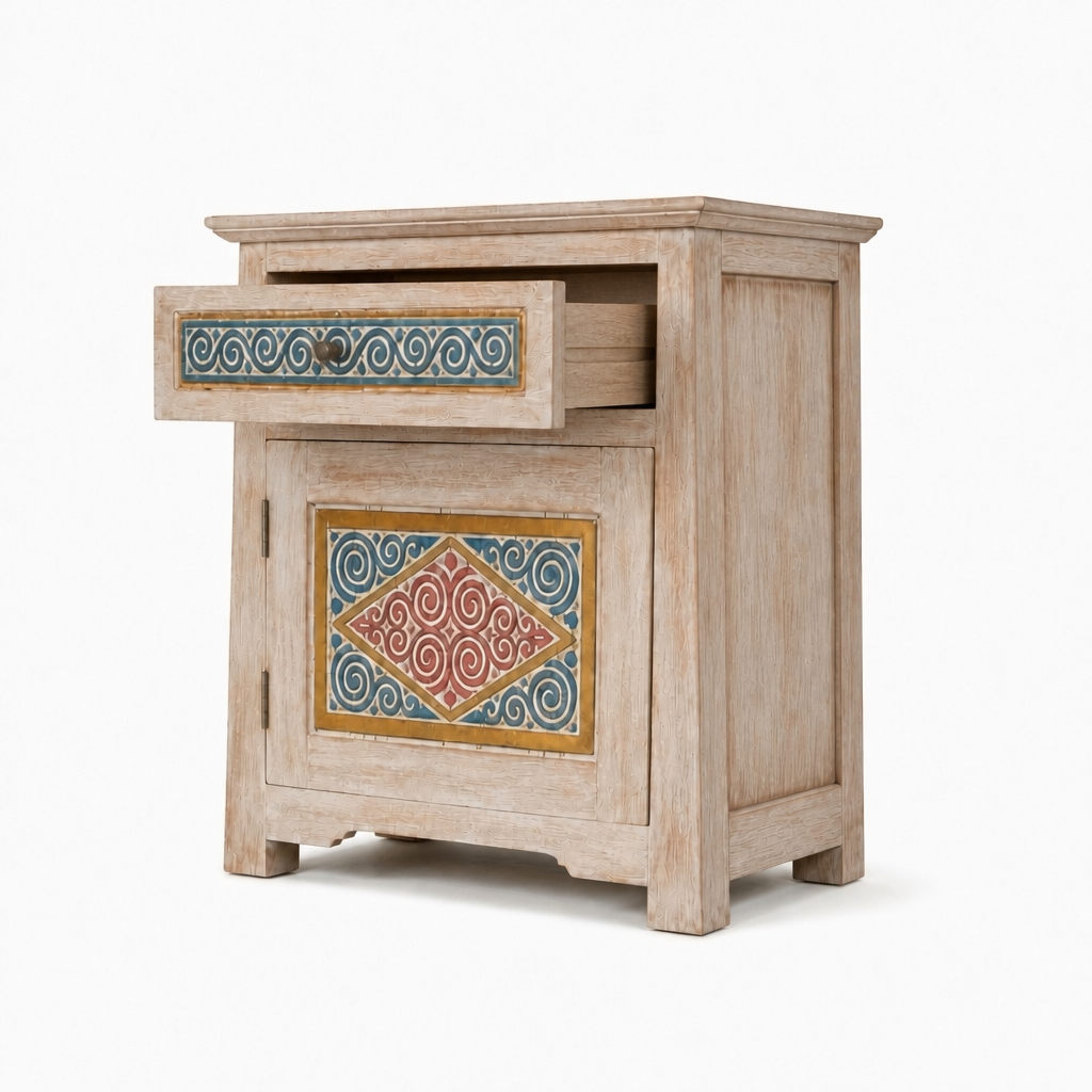 Carved Bedside Table 'Toba' - Soft Cream - 65 x 60 cm
