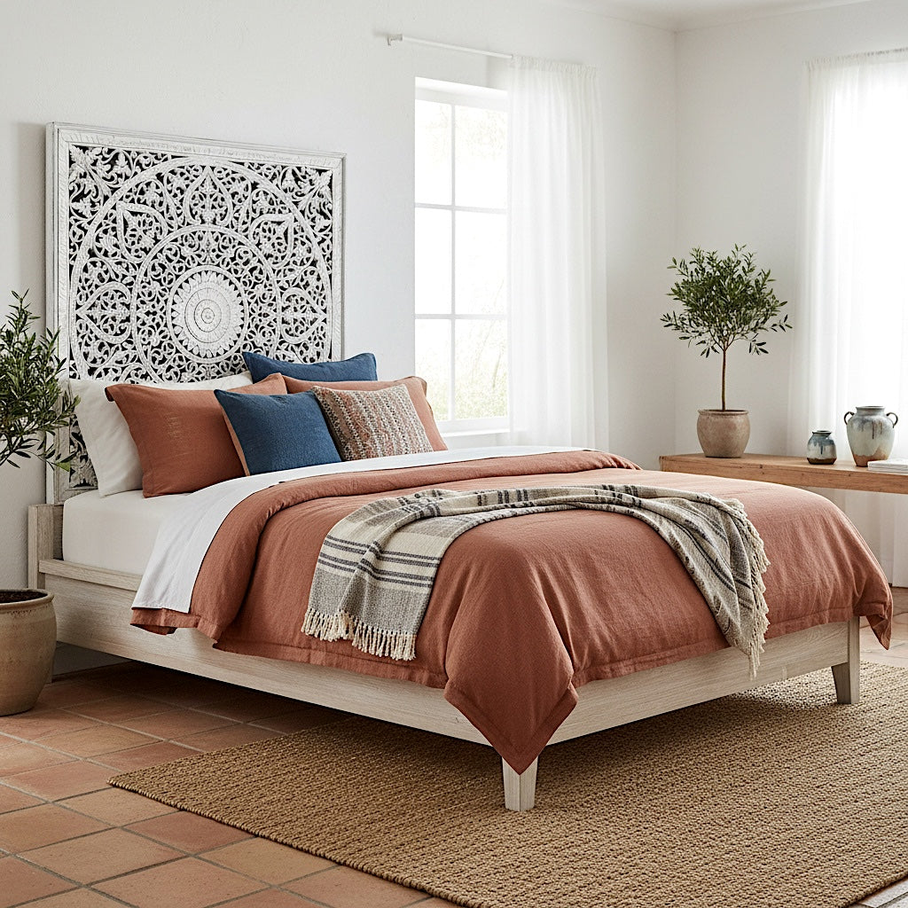 Hand Carved Queen Size Mandala Bed Headboard - 'Umadewi' in White Wash