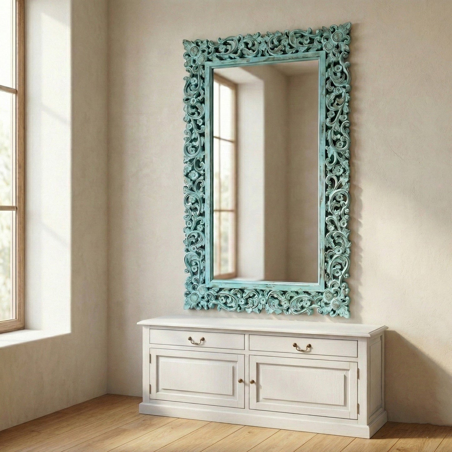 Custom Hand Carved Mirror "Dumogi" - Natural Turquoise - 180cm