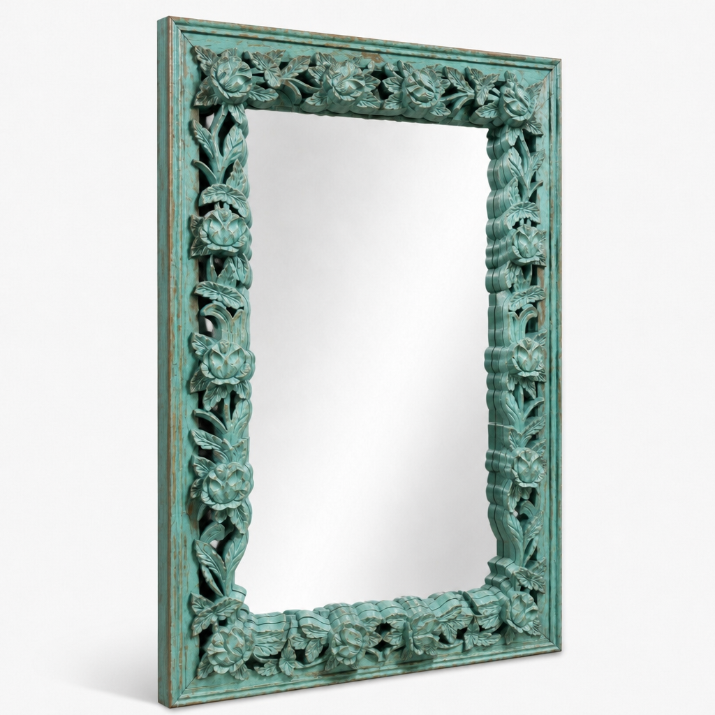 Hand-carved Wooden Mirror "Camélia" - Distressed Turquoise - 120 x 90 cm