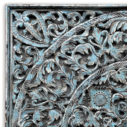 Carved Bed Headboard "Dahayu" - Blue Wash - Export