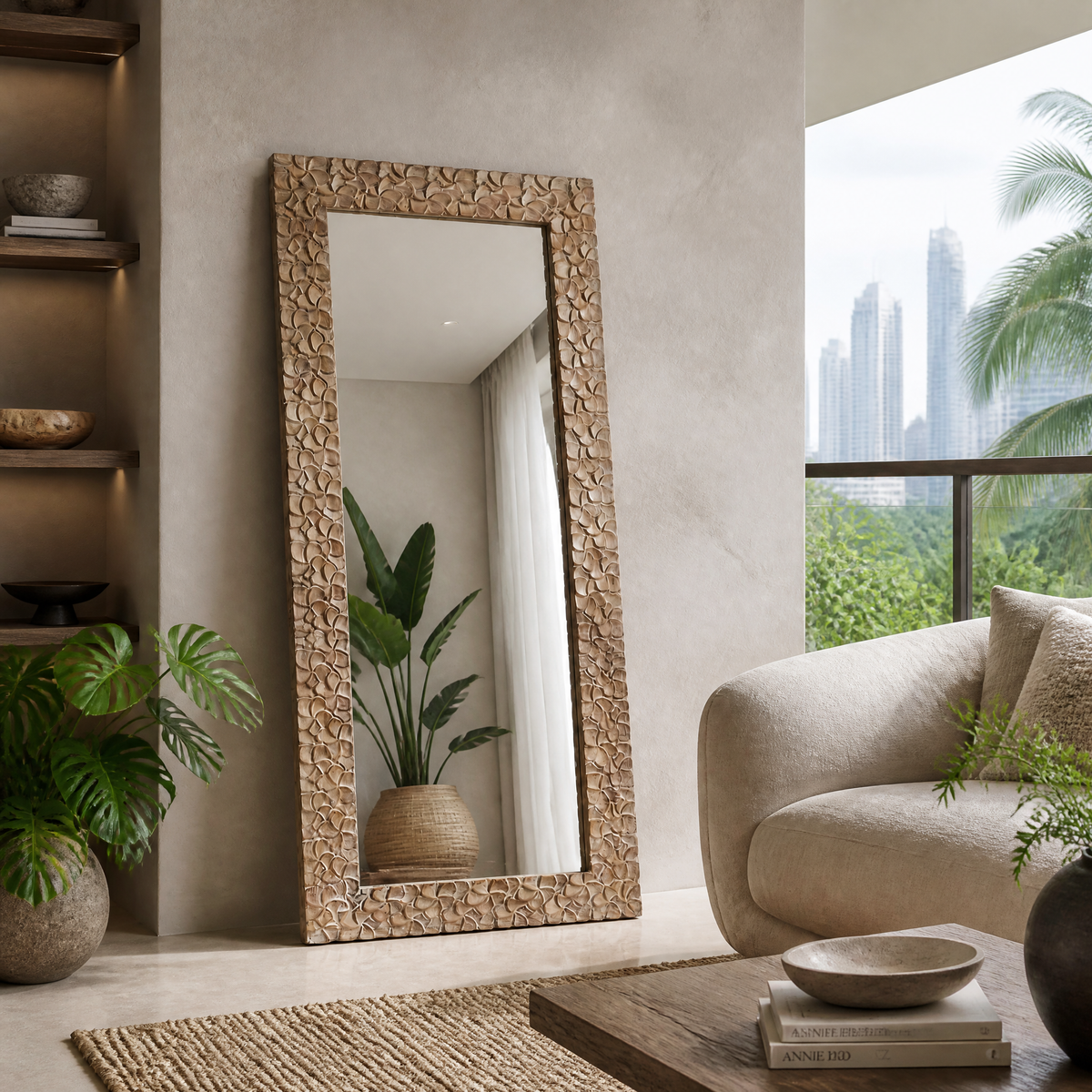 Hand Carved Mirror "Kamboja" - Natural Wash - 180 x 80 cm