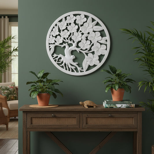 Carved Decorative Panel "Kamboja" - White - 60 cm