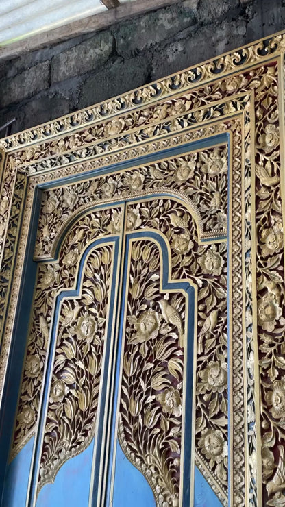 Teak Wooden Hand Carved Door 'Mengwi' in Blue & Gold - 220 x 110 cm