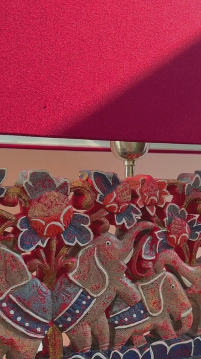 Carved Table Lamp '6 Elephants' - Multicolor Red