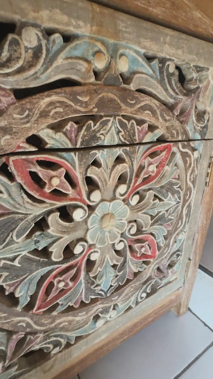 Wooden Carved Bedside Table 'Sekar' - Natural and Multicolor Blue - 60 cm