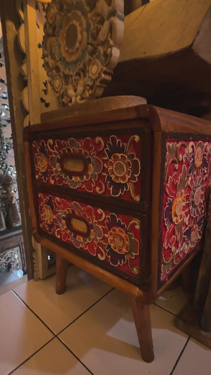 Wooden Carved Bedside Table 'Santi' - Natural and Multicolor Red - 50cm