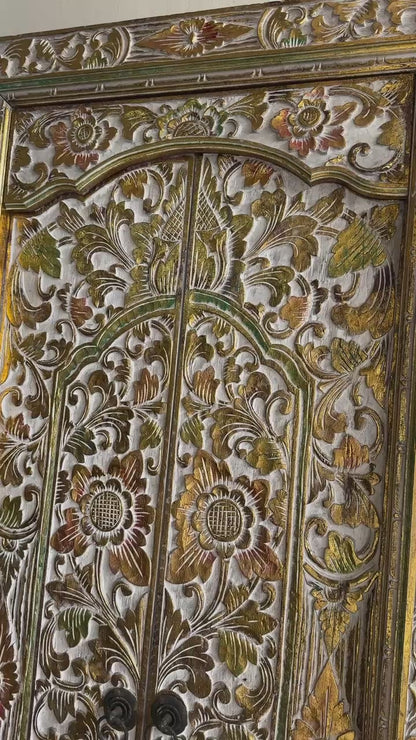 Teak Wooden Hand Carved Balinese Door 'Seseh' in Antique Gold Antique Wash - 210 x 100 cm