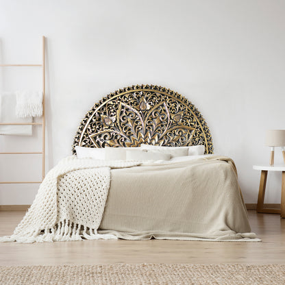 Hand carved Queen Size Half-moon Mandala Bed headboard 'Serupa' in Gold Antic - 60 inches
