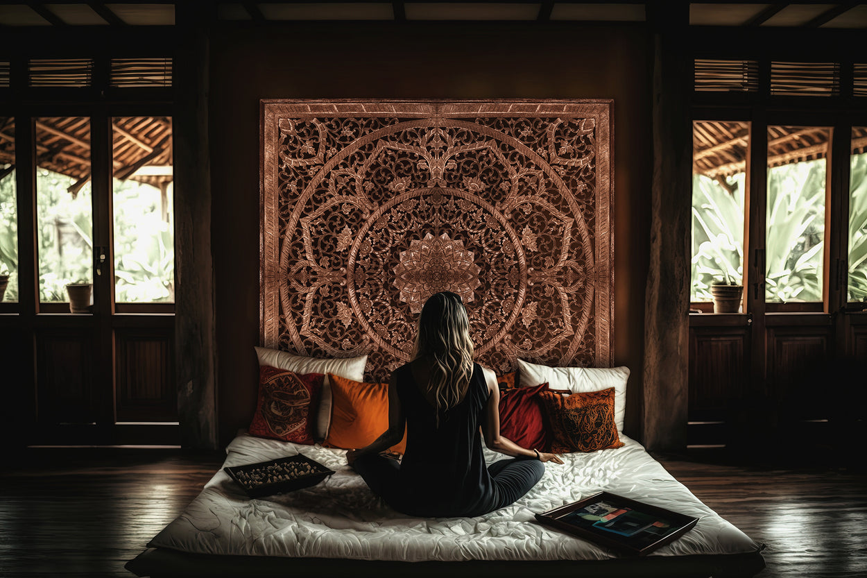 meditation yoga in front of wood bed headboard spiritual journey to awakening home decor bedroom design