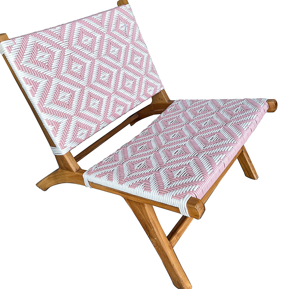 Rattan & Teak Wood Lounge Chair 'Rose' - White & Pink