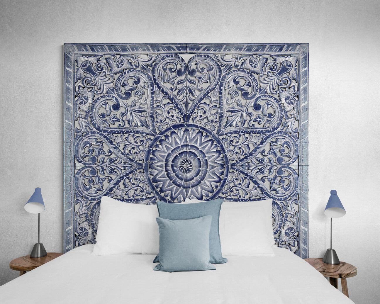 Carved Bed Headboard "Jantung" - Navy Blue Wash - Export