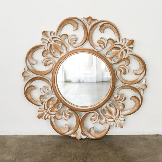 Hand Carved Mirror "Roopa" Antic Wash - 80 cm - Kulture Home Decor