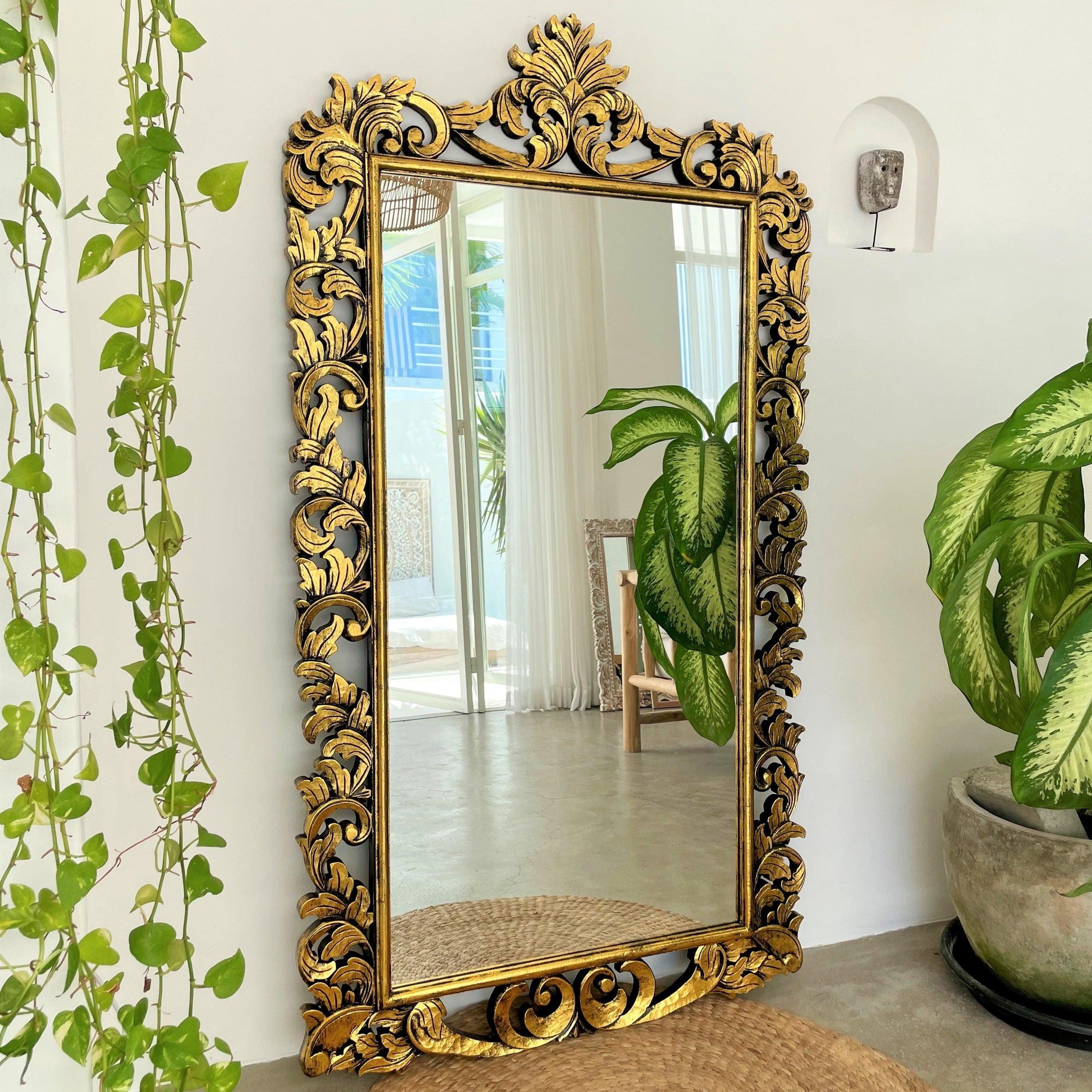 Hand Carved Mirror "Uluwatu" Gold Wash - 180 cm - Kulture Home Decor