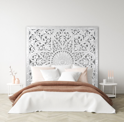 Carved Bed Headboard "Jantung" - White Wash - Export