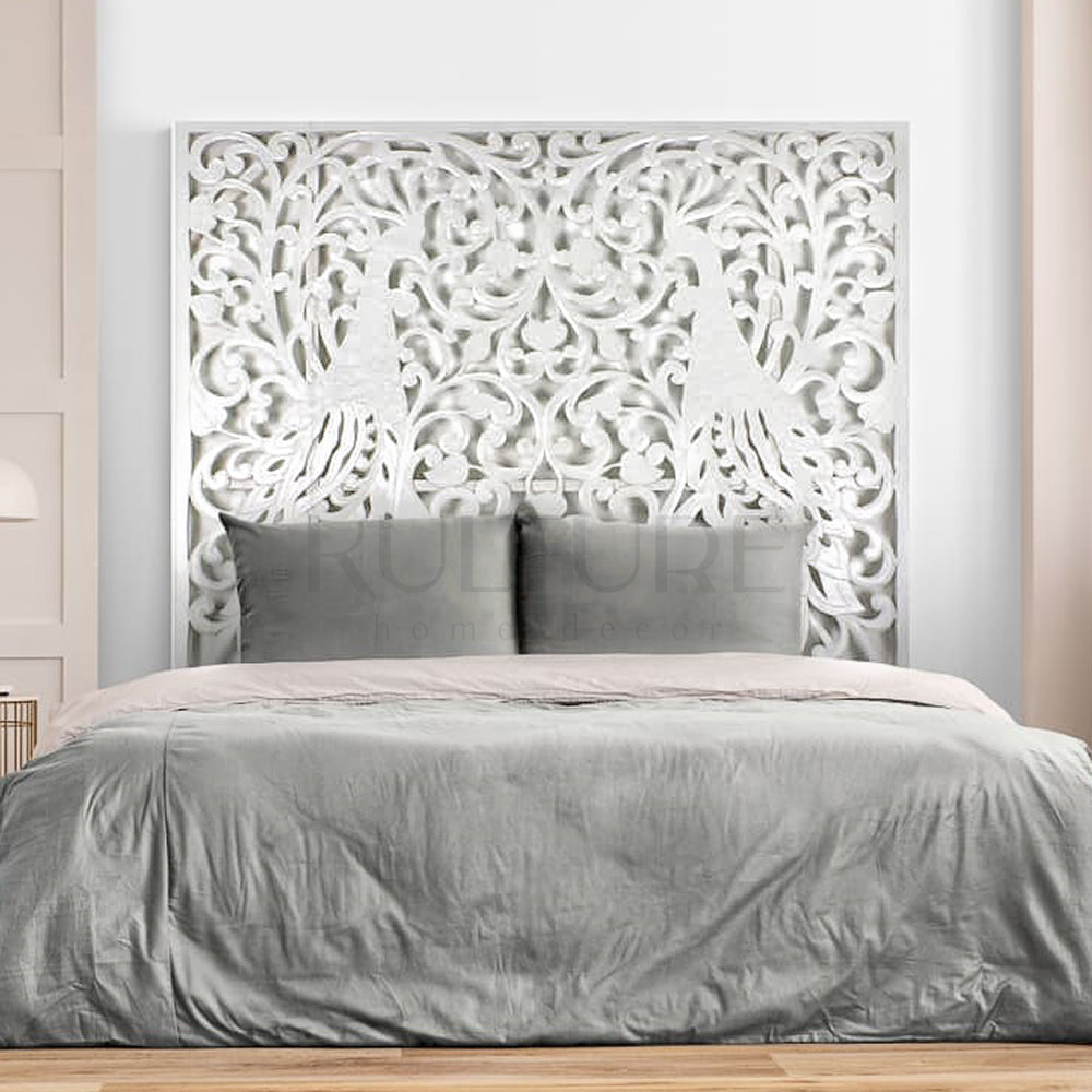 bed headboard peacock white wash bali design hand carved hand made home decorative house furniture wood material