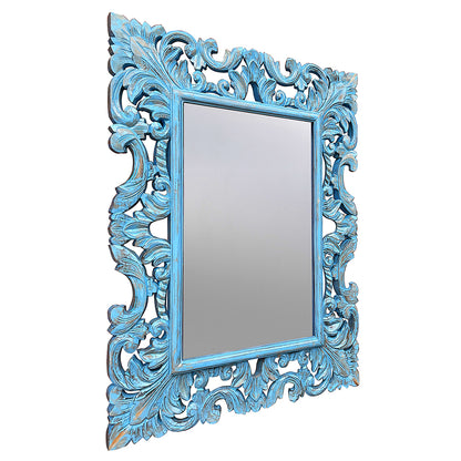 Hand Carved Mirror "Biru" Blue Wash - 90 cm