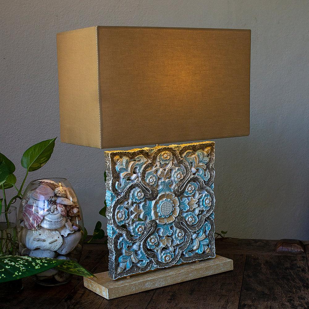 Carved Table Lamp 'Luwih' - Blue & Brown - Kulture Home Decor