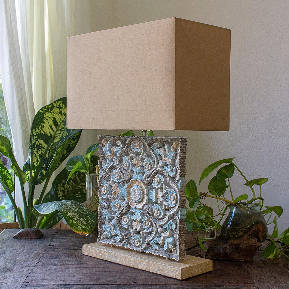 Carved Table Lamp 'Luwih' - Blue & Brown - Kulture Home Decor