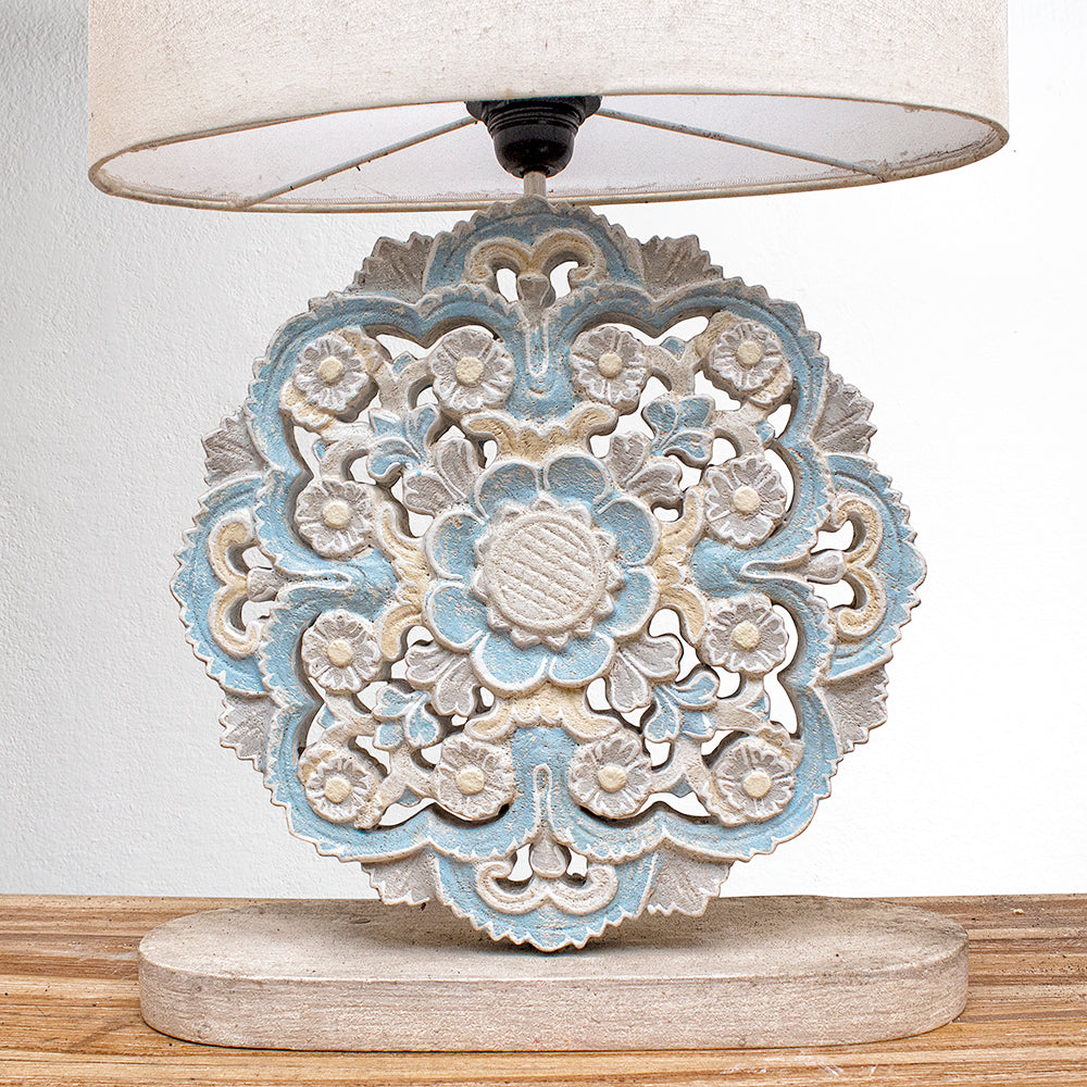 Carved Table Lamp 'Diya' - Blue