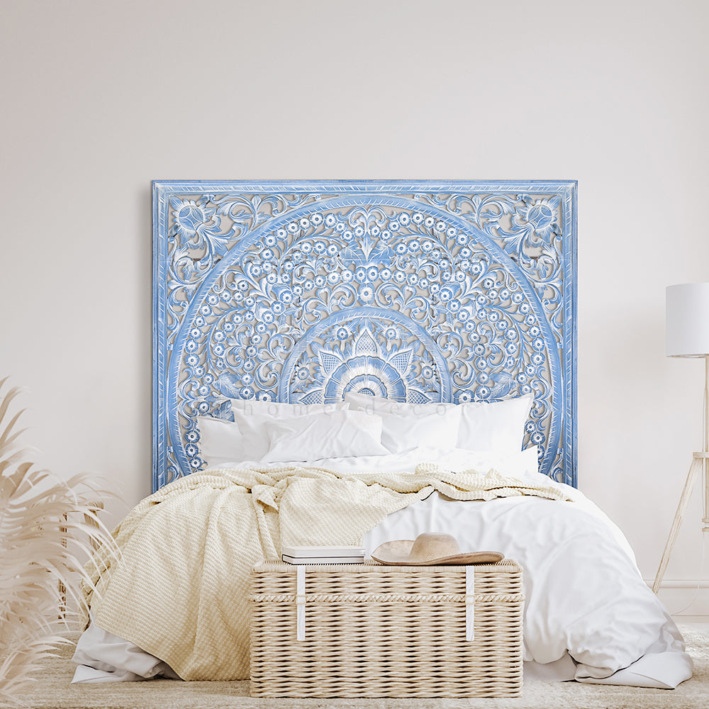bed headboard peony blue wash bali design hand carved hand made home decorative house furniture wood material