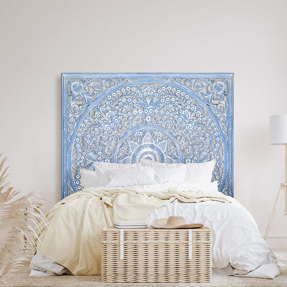 bed headboard peony blue wash bali design hand carved hand made home decorative house furniture wood material
