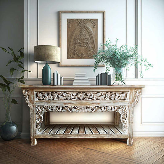 furniture wooden carved console table balina white wash bali design hand carved hand made home decorative house furniture wood material
